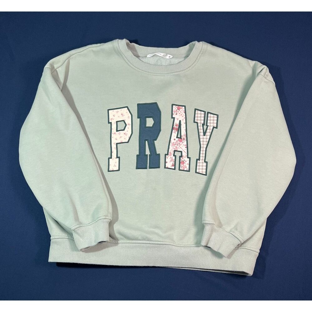 Alter’d State Women’s Small PRAY Sage Green Floral Applique Sweatshirt